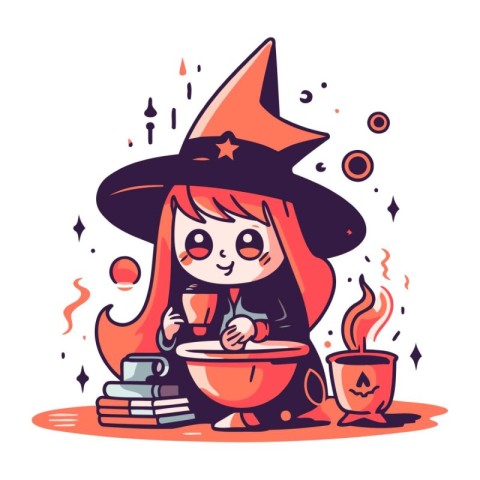 Cute cartoon girl in witch costume with magic potion. Vector ill