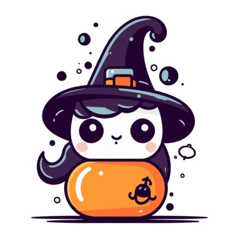 Cute cartoon Halloween pumpkin character with witch hat. Vector