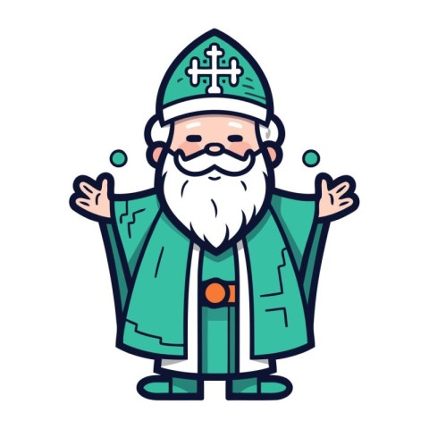 Cartoon Santa Claus with beard and mustache in green coat. Vecto