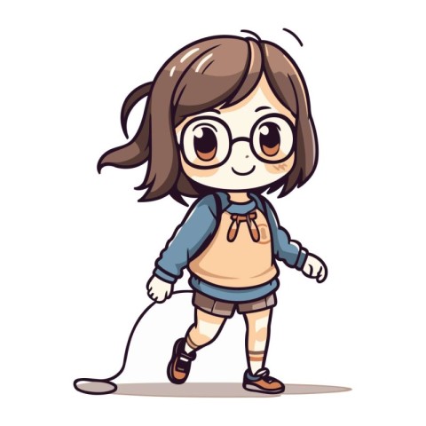 Cute little girl wearing glasses and holding skipping rope. Vect