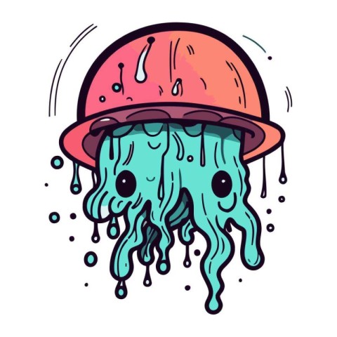 Cartoon jellyfish in a helmet. Hand drawn vector illustration.