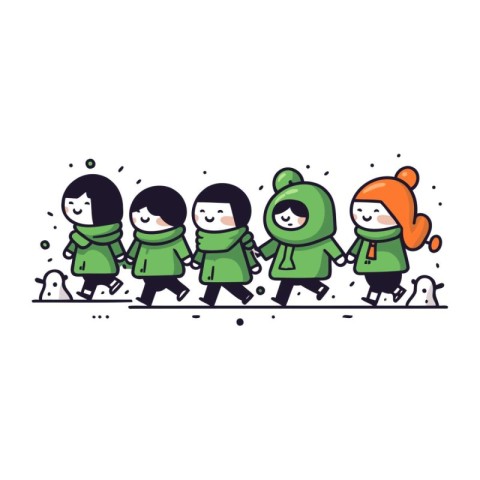 Cute kids running in winter clothes. Vector illustration in cart