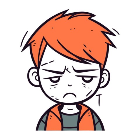 Sad boy cartoon character vector illustration. Sad boy with red