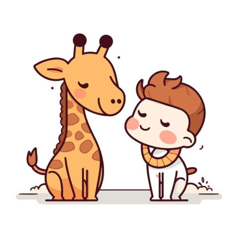 Cute boy and giraffe. Vector illustration in cartoon style.