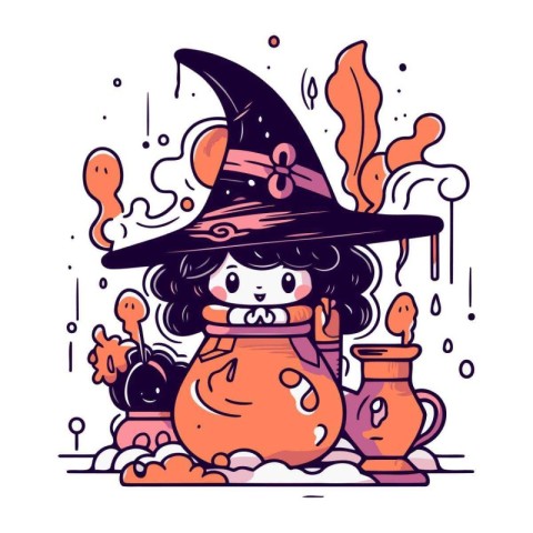 Cute cartoon witch character in a hat with a pot of potion. Vect