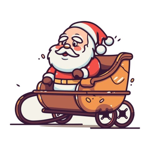 Cartoon Santa Claus rides a cart with gifts. Vector illustration