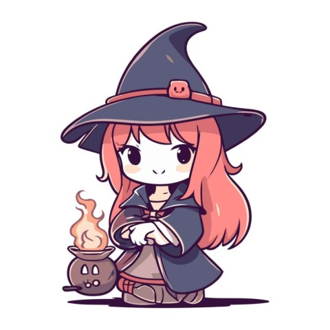 Illustration of a cute cartoon witch with a pot of potion.