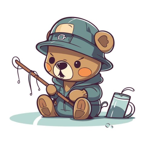 Illustration of a Cute Bear in a Hat with a Fishing Rod