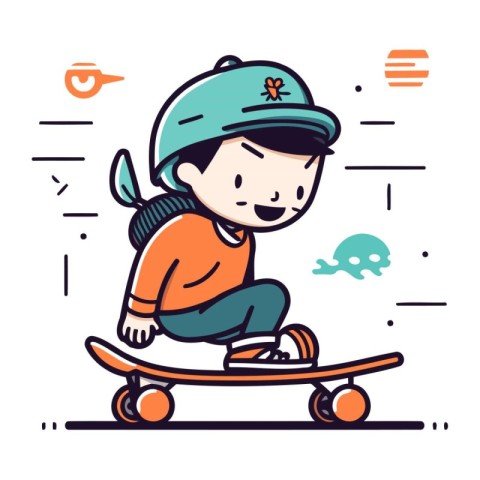 Skateboarder boy in helmet and cap riding on skateboard. Vector