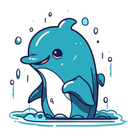 Vector illustration of cute cartoon dolphin in water. Isolated o