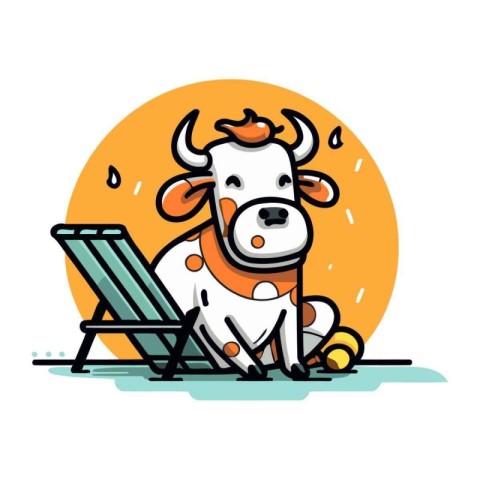 Cute cartoon cow sitting on the beach chair. Vector illustration