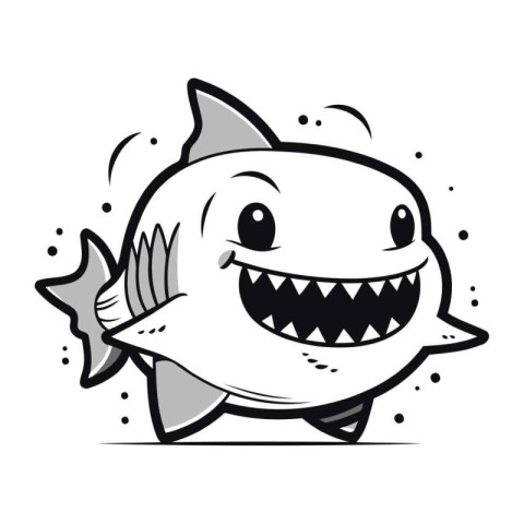 Cute shark cartoon vector illustration on white background. Blac