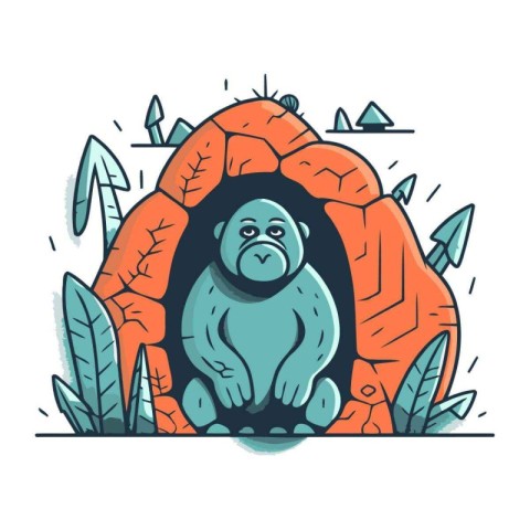 Cute gorilla sitting in an igloo. Vector illustration in doodle