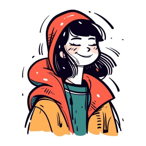 Vector illustration of a girl in a red raincoat with a hood