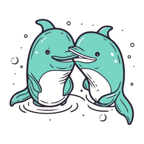 Cute cartoon doodle couple of whales. Vector illustration.