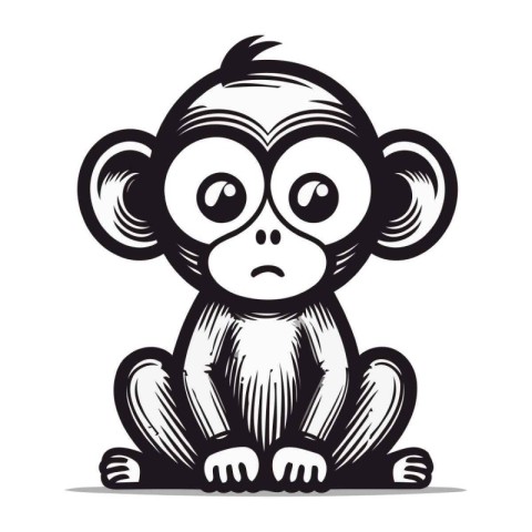 Monkey sitting on the ground. Monochrome vector illustration.