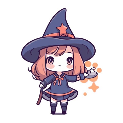 Cute little witch girl in halloween costume. Vector illustration