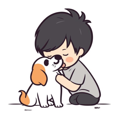 Illustration of a Little Boy Hugging a Beagle Puppy