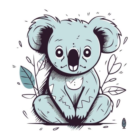 Cute koala sitting on the ground with leaves. Hand drawn vector