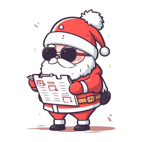 Cute santa claus in sunglasses reading a newspaper. Vector illus