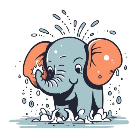 Cute cartoon elephant with a splash of water. Vector illustratio