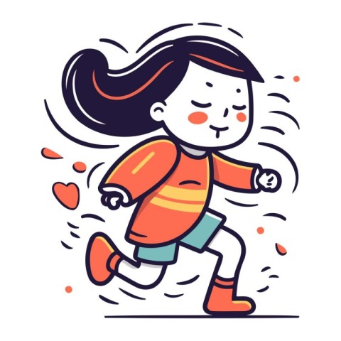 Cute little girl running and jogging. vector cartoon illustratio