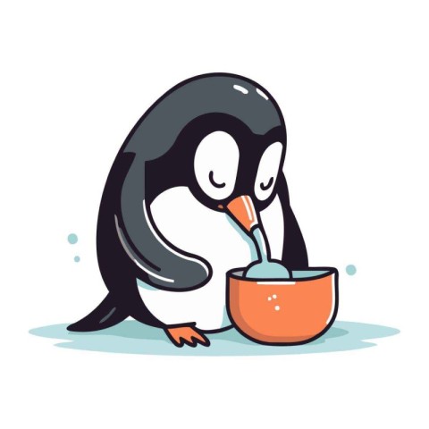 Cute penguin with a bowl of milk. Vector illustration.