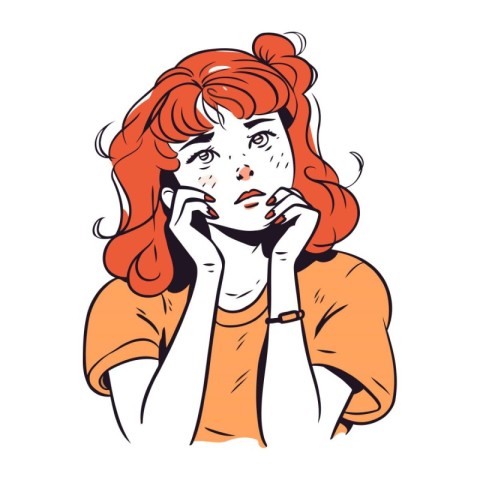 Illustration of a red haired girl in a orange blouse.