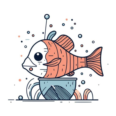 Cute cartoon fish in a pot of water. Vector illustration.