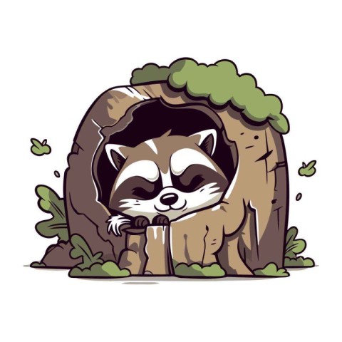 Raccoon in a hole. Vector illustration on white background.