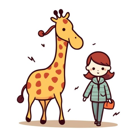 Cute little girl and giraffe. Vector illustration. Cartoon style