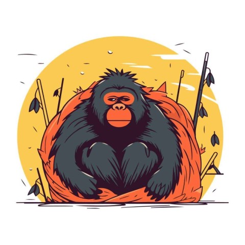 Gorilla sitting on a red bag. Vector illustration of a gorilla.