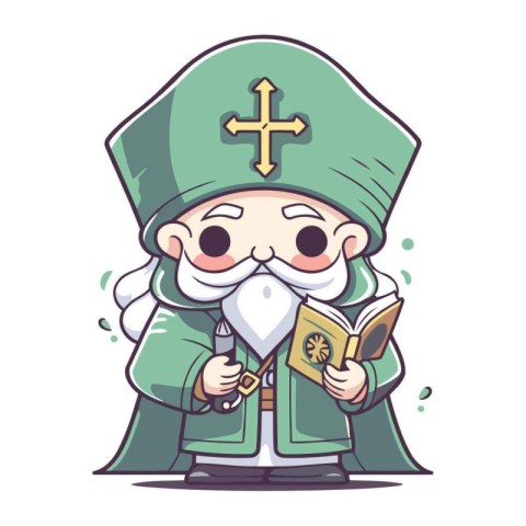 Cute Cartoon Leprechaun with Holy Bible Vector Illustration