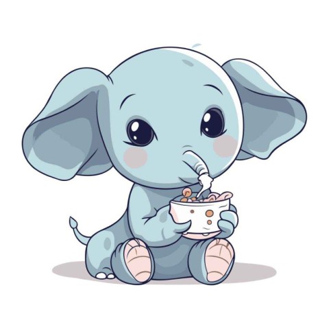 Cute baby elephant with bowl of cereal. Vector cartoon illustrat