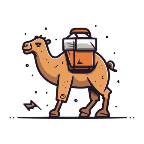 Camel with a backpack. Vector illustration in flat cartoon style