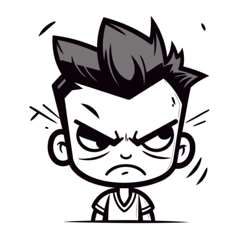 Angry cartoon boy. Vector illustration. Black and white version.