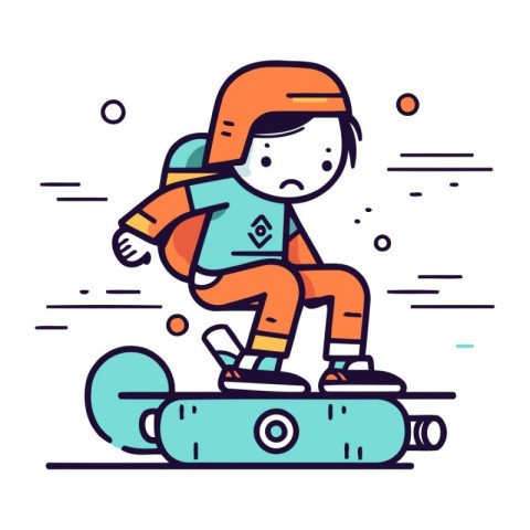 Little boy riding a skateboard. Vector illustration in linear st