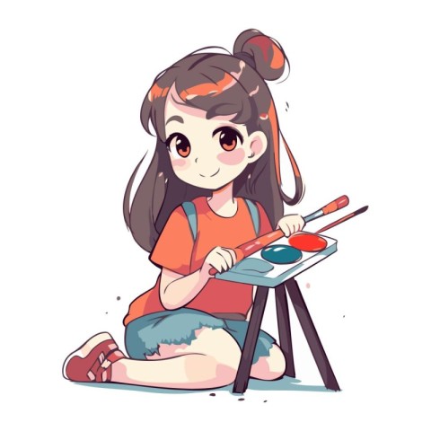 Cute little girl painting with brush and palette. Vector illustr