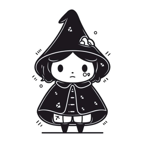Black and white illustration of a little witch in a black hat.