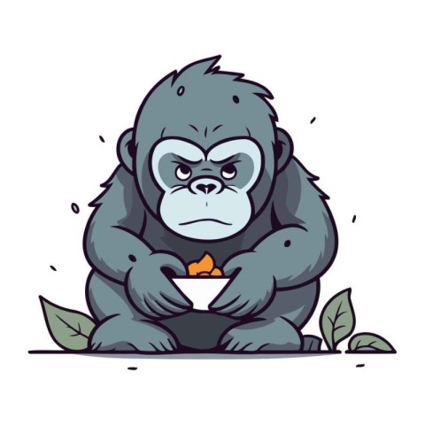 Gorilla Eating A Bowl Of Tea. Vector Illustration.