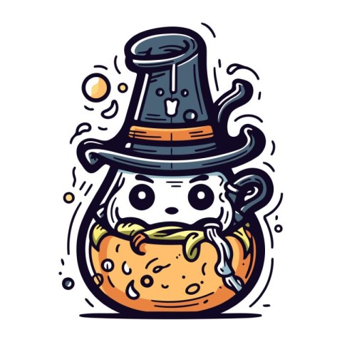 Cartoon illustration of a snowman in a magic hat with a cookie.