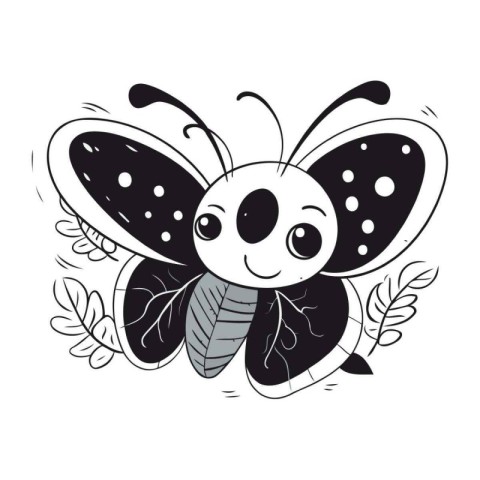 Cute butterfly with leaves. Vector illustration in doodle style.