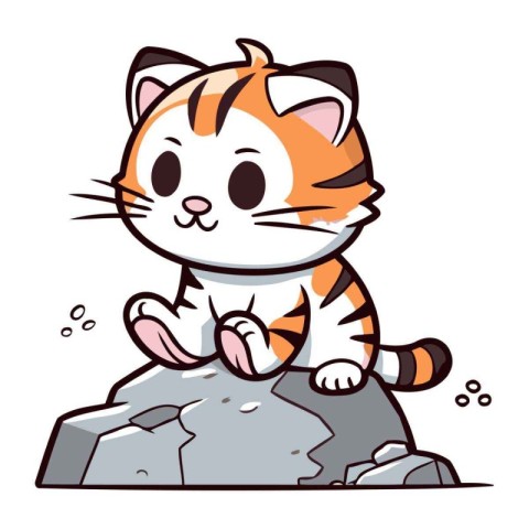 Cute little cat sitting on the rock. Vector illustration isolate