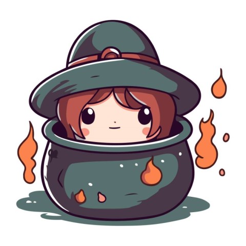 Cute cartoon witch with a pot of potion. Vector illustration.