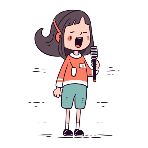 Cute little girl singing karaoke. Vector illustration in cartoon