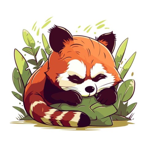 Red panda sleeping on green leaves. Cute cartoon vector illustra