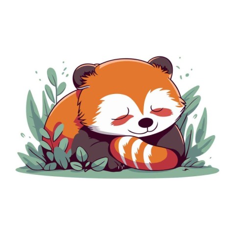 Cute cartoon red panda lying on the ground. Vector illustration.