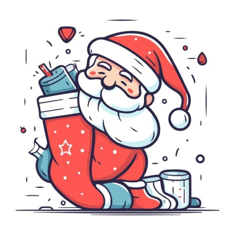 Vector illustration of Santa Claus sitting on the floor and hold