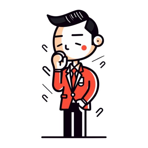 Businessman in red suit holding hand on chin. Vector illustratio