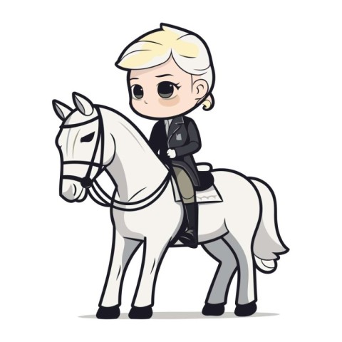 Cute little boy riding a white horse. Cartoon vector illustratio